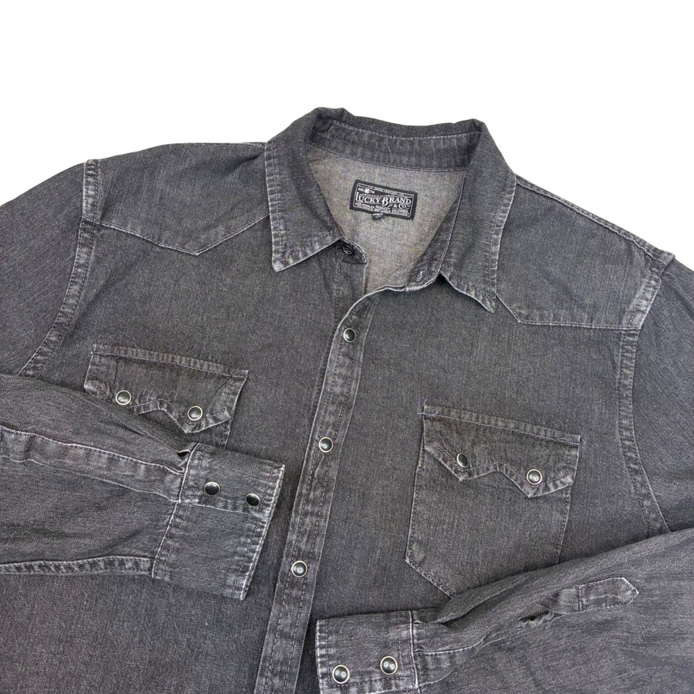Lucky Brand Denim Western Shirt Mens Large Black Snap Button Long Sleeve Rugged